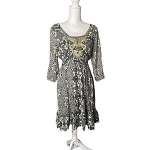 Style & Co Midi Dress Floral Blue Black Women Sz S 3/4 Sleeve Ruffle Square Neck